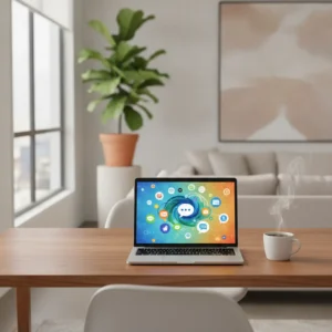 Een moderne thuiswerkplek met een laptop voor de vergelijking tussen Slack en Google Chat tijdens het thuiswerken.