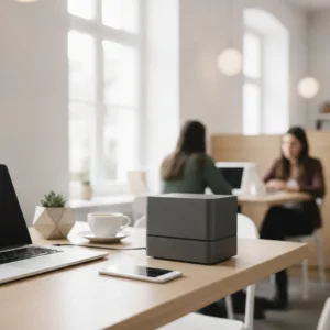 Een minimalistische en professionele werkplek met een compacte draagbare printer en smartphone zonder rommelige kabels.