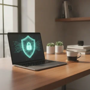 Een MacBook in een modern thuiskantoor ter illustratie van het kritieke macOS beveiligingslek bij schermdelen.