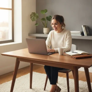 Een verraste thuiswerker die met verbazing kijkt naar een informele ChatGPT reactie op het laptopscherm.