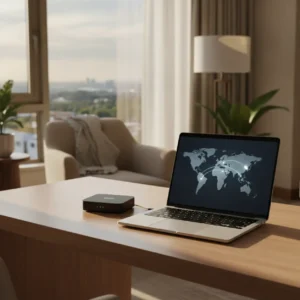 Een compacte travel router op een bureau naast een laptop, onmisbaar voor de mobiele thuiswerker.