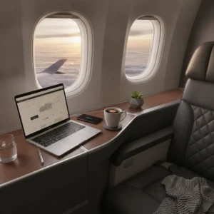 Een geopende laptop op een vliegtuigtafeltje met een kop koffie, ter voorbereiding op slim werken in het vliegtuig.