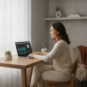 Een professional werkt op een laptop in een thuiskantoor met een van de beste Salesforce alternatieven op het scherm.