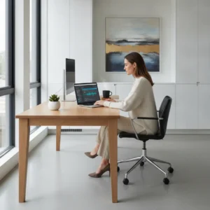 Een professional in een modern thuiskantoor gebruikt een AI notulist zoals Fathom of Fireflies tijdens een online vergadering.