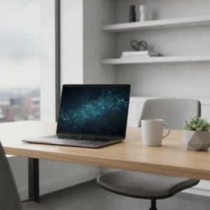 Een slanke premium AI laptop op een modern bureau, de ideale keuze voor efficiënt thuiswerken.