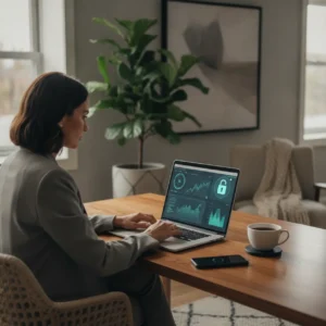 Een gefocuste professional achter een laptop die succesvol een betaalmuur weet te omzeilen voor onderzoek.