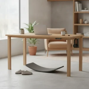 Het grijze Steppie balance board in gebruik onder een houten sta-bureau in een moderne thuiswerkplek.