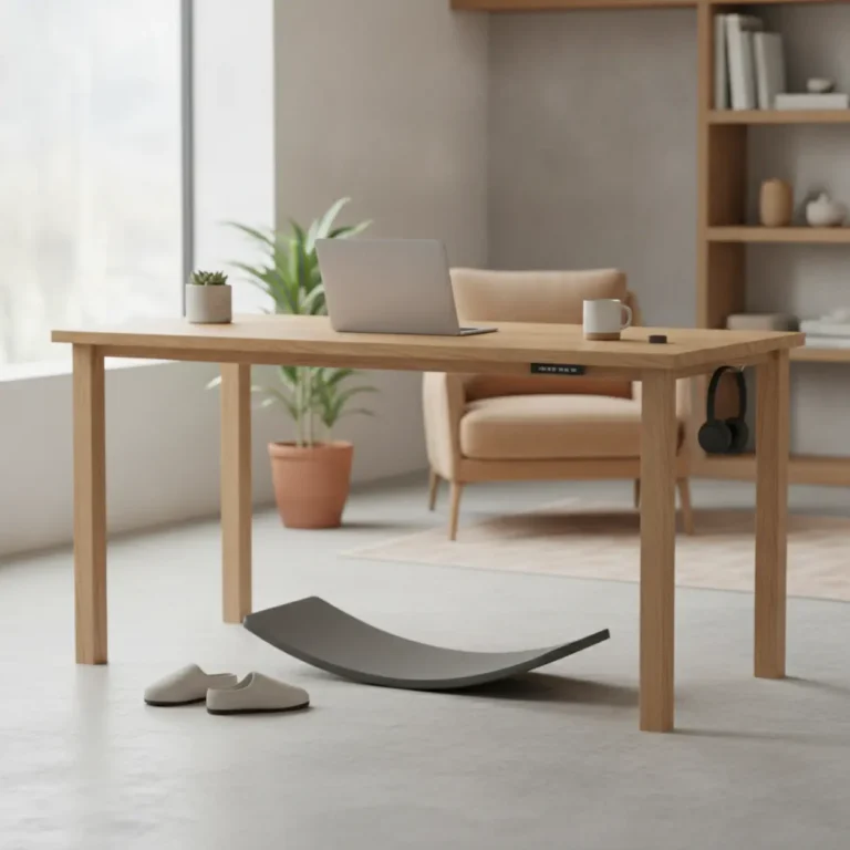 Het grijze Steppie balance board in gebruik onder een houten sta-bureau in een moderne thuiswerkplek.