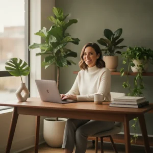 Een werknemer in een comfortabele maar representatieve outfit aan het werk in een thuiskantoor, wat de verschuiving in kledingvoorschriften illustreert.