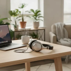 Een comfortabele over-ear koptelefoon op een modern bureau voor maximale focus tijdens het thuiswerken.