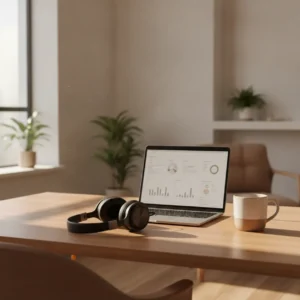 Een stijlvolle Beats koptelefoon naast een laptop op een moderne thuiswerkplek.