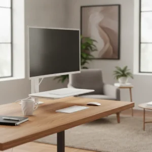 Een moderne, opgeruimde thuiswerkplek voorzien van de minimalistische Humanscale QuickStand zit-sta bureauverhoger.