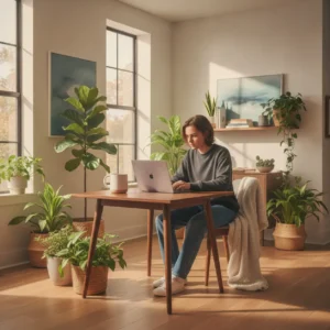 Een jonge professional geniet van een optimale werk-privébalans tijdens het Gen Z thuiswerken in een moderne en lichte ruimte.