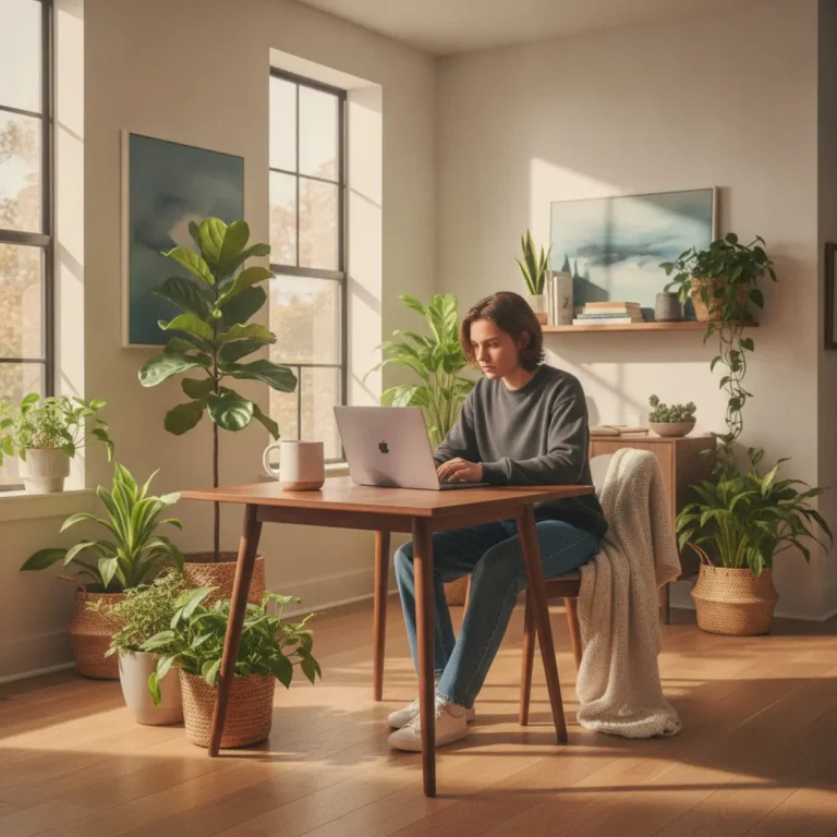 Een jonge professional geniet van een optimale werk-privébalans tijdens het Gen Z thuiswerken in een moderne en lichte ruimte.