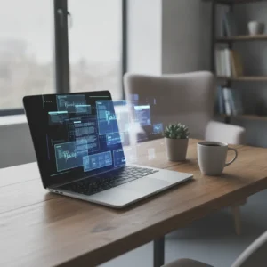 Een moderne thuiswerkplek met een laptop waarop AI-software wordt gebouwd met de beste Replit alternatieven.