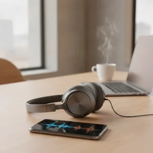Een premium koptelefoon en een smartphone met equalizer op een modern bureau om het geluid te verbeteren.