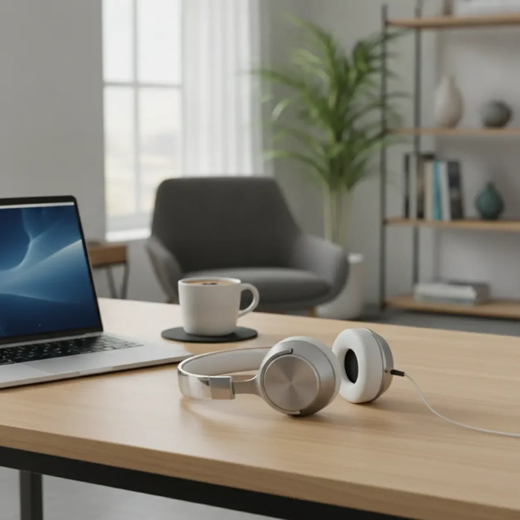 Een stijlvolle Nothing Headphone (a) op een bureau in een modern thuiskantoor.