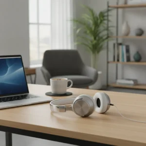 Een stijlvolle Nothing Headphone (a) op een bureau in een modern thuiskantoor.