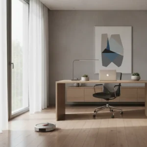 Een moderne robotstofzuiger maakt de vloer van een opgeruimd thuiskantoor schoon om focus en productiviteit te verhogen.