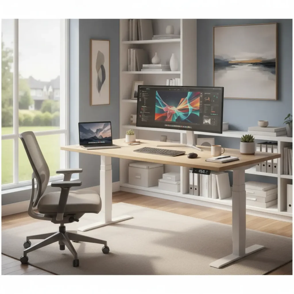 Een modern elektrisch zit-sta bureau in een thuiskantoor