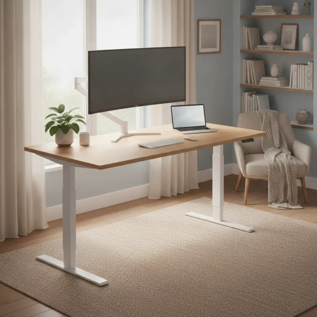 Een modern elektrisch zit-sta bureau in een opgeruimde thuiswerkomgeving.