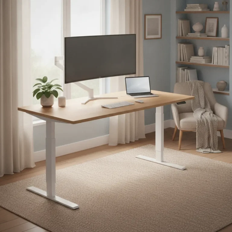 Een modern elektrisch zit-sta bureau in een opgeruimde thuiswerkomgeving.