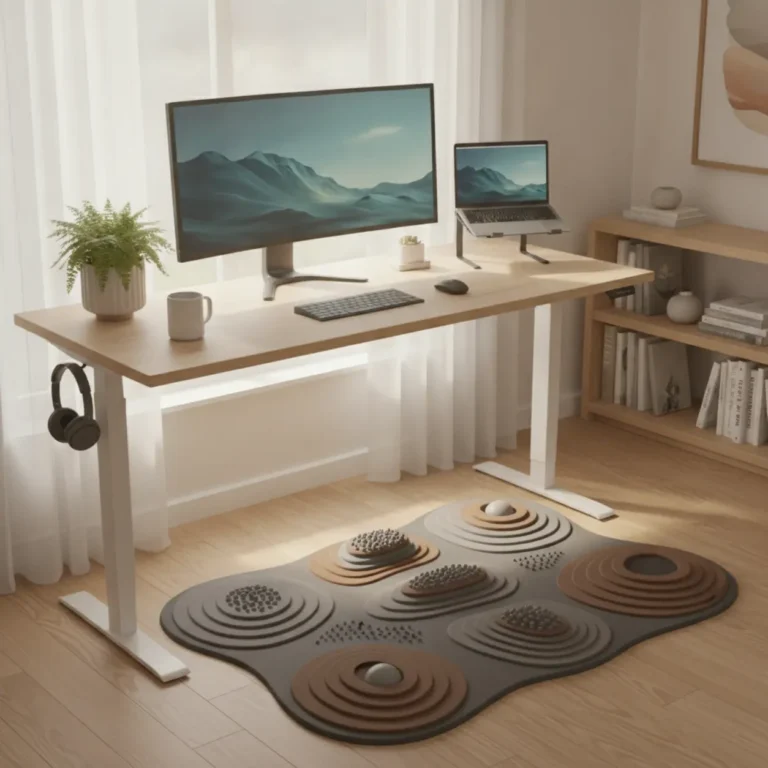 Een ergonomische topografische anti-vermoeidheidsmat met verhogingen onder een sta-bureau in een modern thuiskantoor.