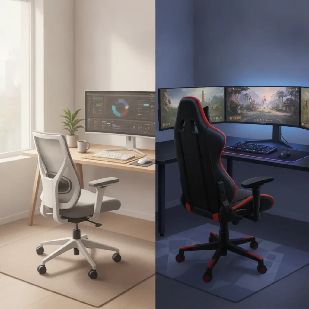 Een vergelijking tussen een gaming stoel en een ergonomische bureaustoel in een thuiswerkomgeving.