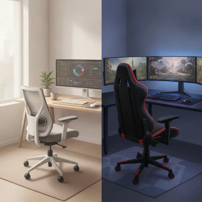 Een vergelijking tussen een gaming stoel en een ergonomische bureaustoel in een thuiswerkomgeving.