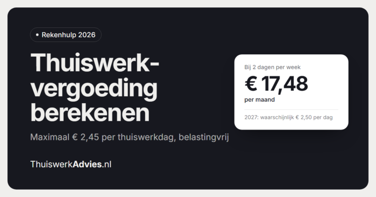 Rekenhulp thuiswerkvergoeding 2026: bij 2 thuiswerkdagen per week € 17,48 per maand