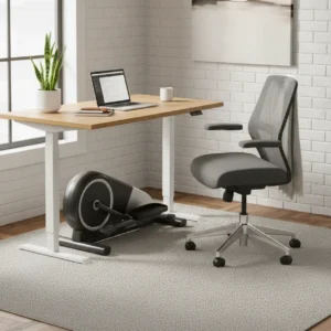 Een moderne elliptische trainer onder een bureau voor actief thuiswerken in een stijlvol thuiskantoor.