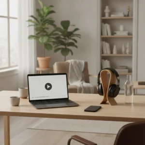 Een opgeruimde thuiswerkplek met laptop en focus-koptelefoon, ideaal voor het afleidingsvrij bekijken van gedownloade YouTube video's.