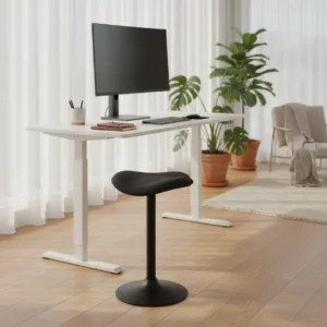 De moderne Effydesk Bohdistool wiebelkruk in een sfeervol ingerichte ergonomische thuiswerkplek.
