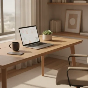Een opgeruimde en moderne thuiswerkplek met een open laptop, perfect om Zoom te koppelen aan Google Calendar.