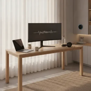 Een moderne en efficiënte thuiswerkplek uitgerust met slimme tech upgrades zoals een grote monitor en een over-ear koptelefoon.