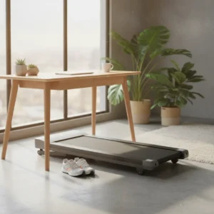 Een moderne bureau loopband perfect afgesteld onder een sta-bureau in een ergonomisch thuiskantoor.