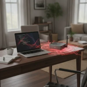 Een moderne thuiswerkplek met een laptop en router, die het belang van bescherming tegen een datalek illustreert.