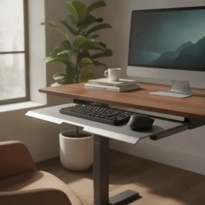 Een moderne en opgeruimde zit-sta werkplek voorzien van de compacte Humanscale Float keyboard tray.