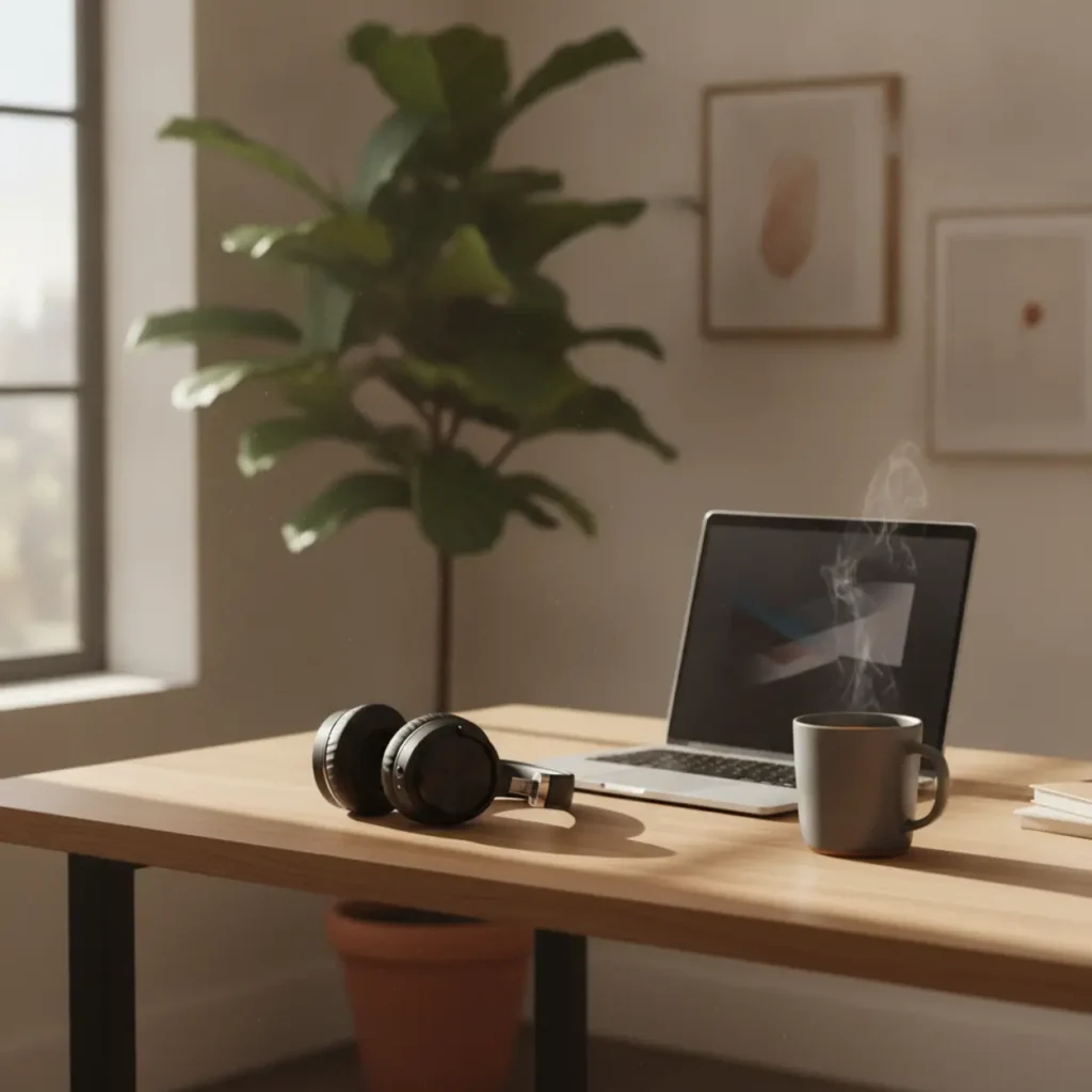Een premium Sony WH-1000XM5 noise-cancelling koptelefoon op een houten bureau in een modern thuiskantoor.