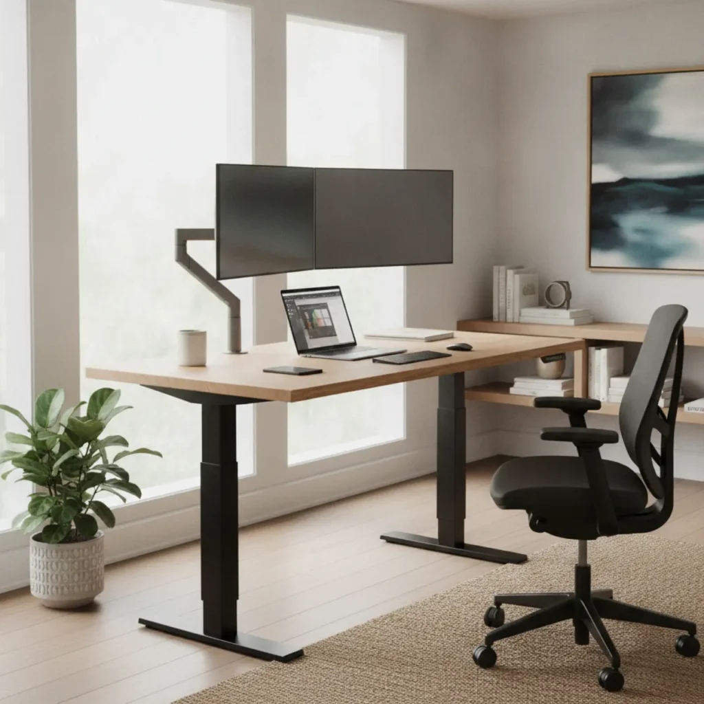Een ergonomische thuiswerkplek met zit-sta bureau, monitorarm en ergonomische bureaustoel: voorzieningen die een werkgever onbelast mag vergoeden.
