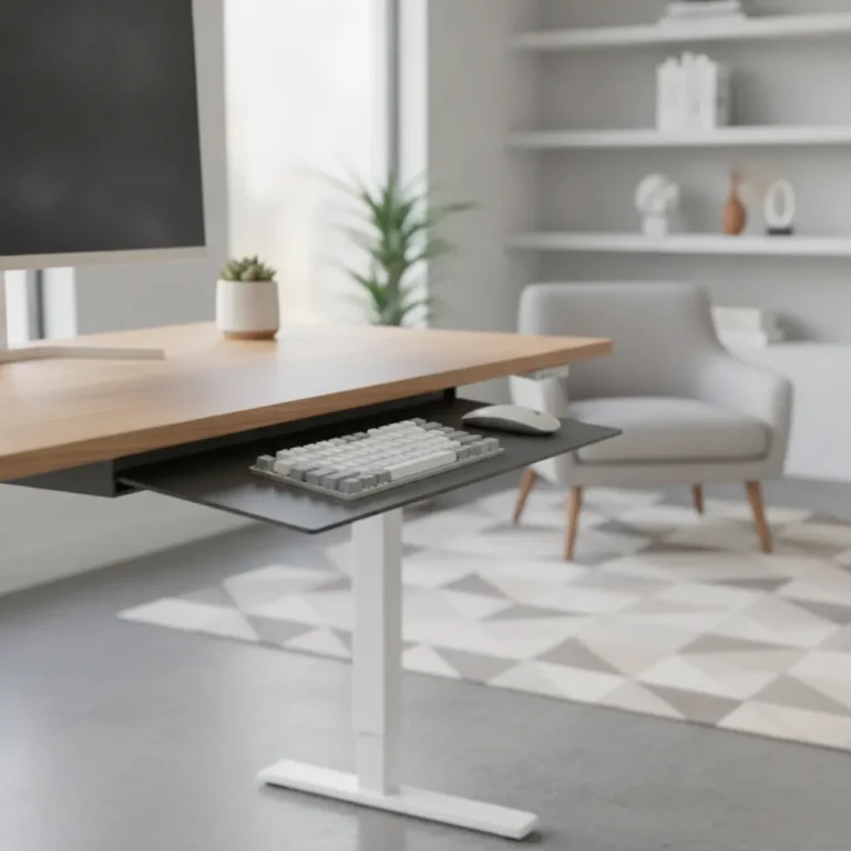 Een moderne ergonomische toetsenbordhouder met een negatieve kantelhoek onder een houten bureau.