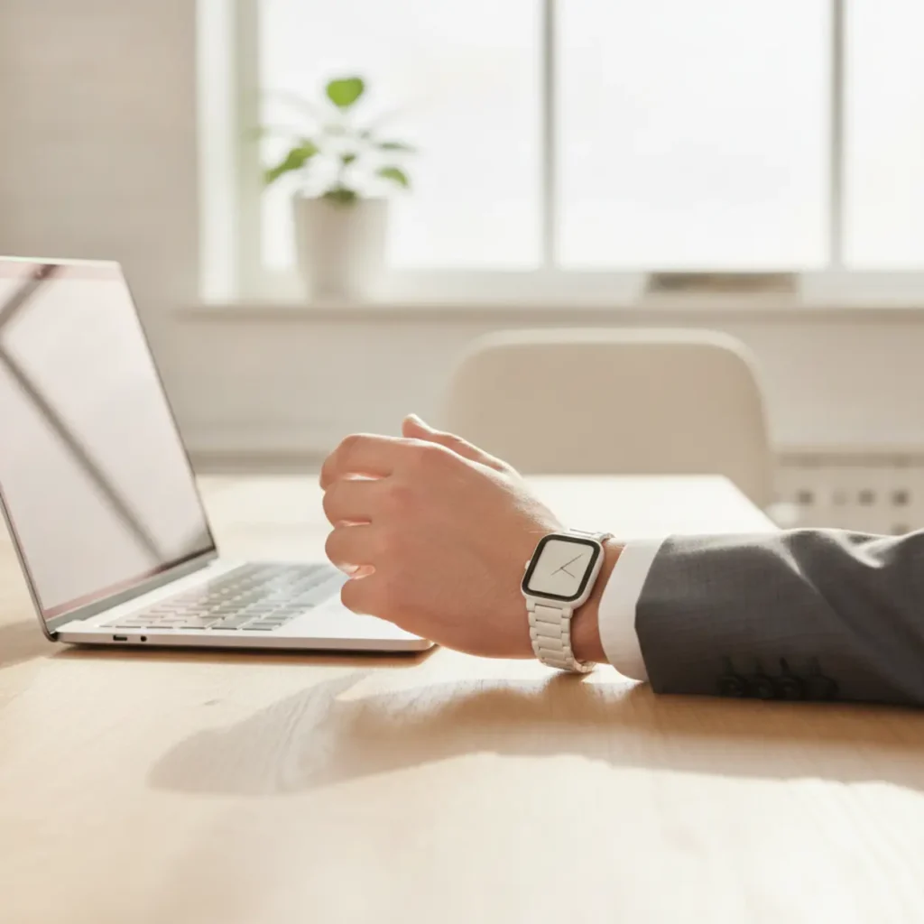 Een professional draagt de Apple Watch Series 12 aan een bureau in een moderne thuiswerkplek.
