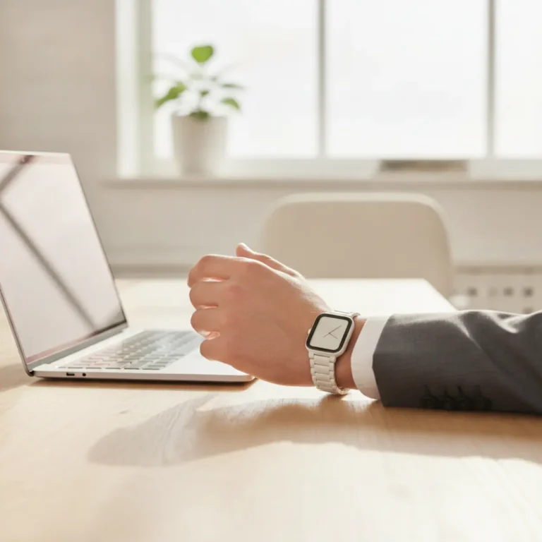 Een professional draagt de Apple Watch Series 12 aan een bureau in een moderne thuiswerkplek.