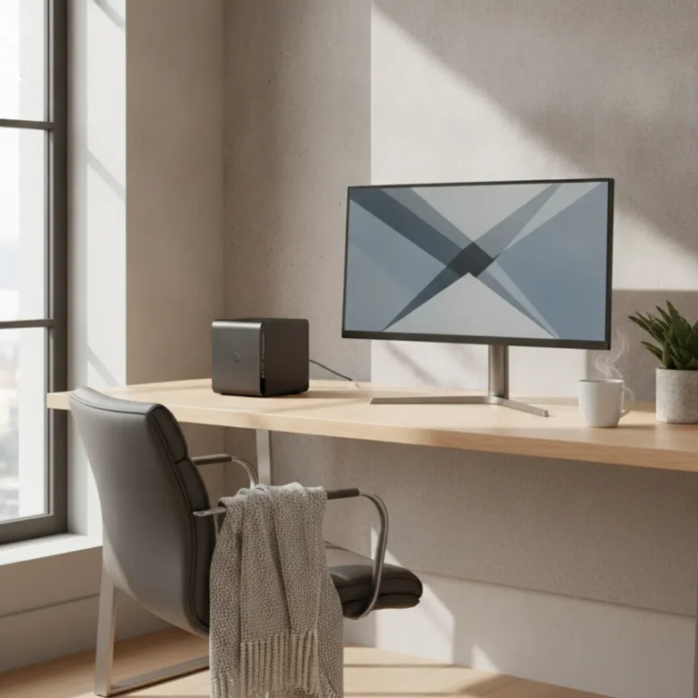 Een compacte GMKtec M6 Ultra mini-pc op een minimalistisch bureau in een moderne thuiswerkplek.