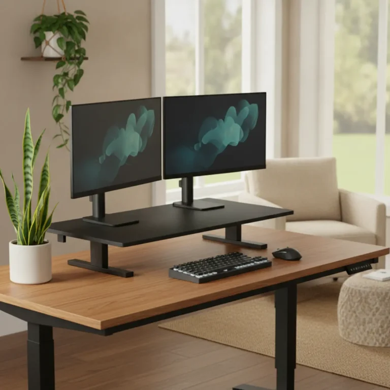 Een moderne ergonomische thuiswerkplek ingericht met een Varidesk Pro Plus 36 bureauverhoger en dubbele monitoren.