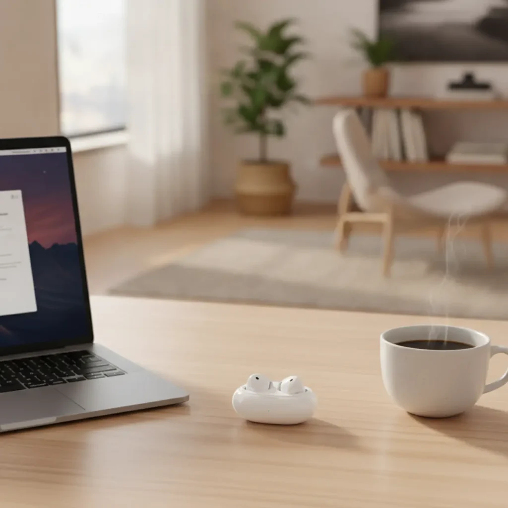 Witte draadloze AirPods op een houten bureau in een moderne thuiswerkplek.