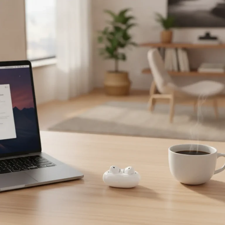 Witte draadloze AirPods op een houten bureau in een moderne thuiswerkplek.