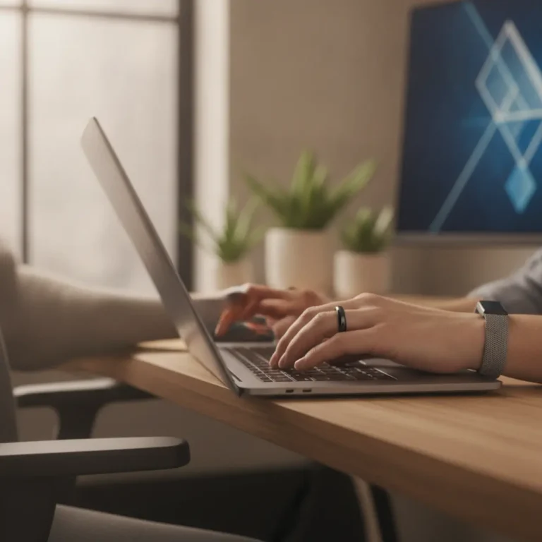 Een actieve thuiswerker typt op een laptop met een moderne fitness tracker en slimme ring om.
