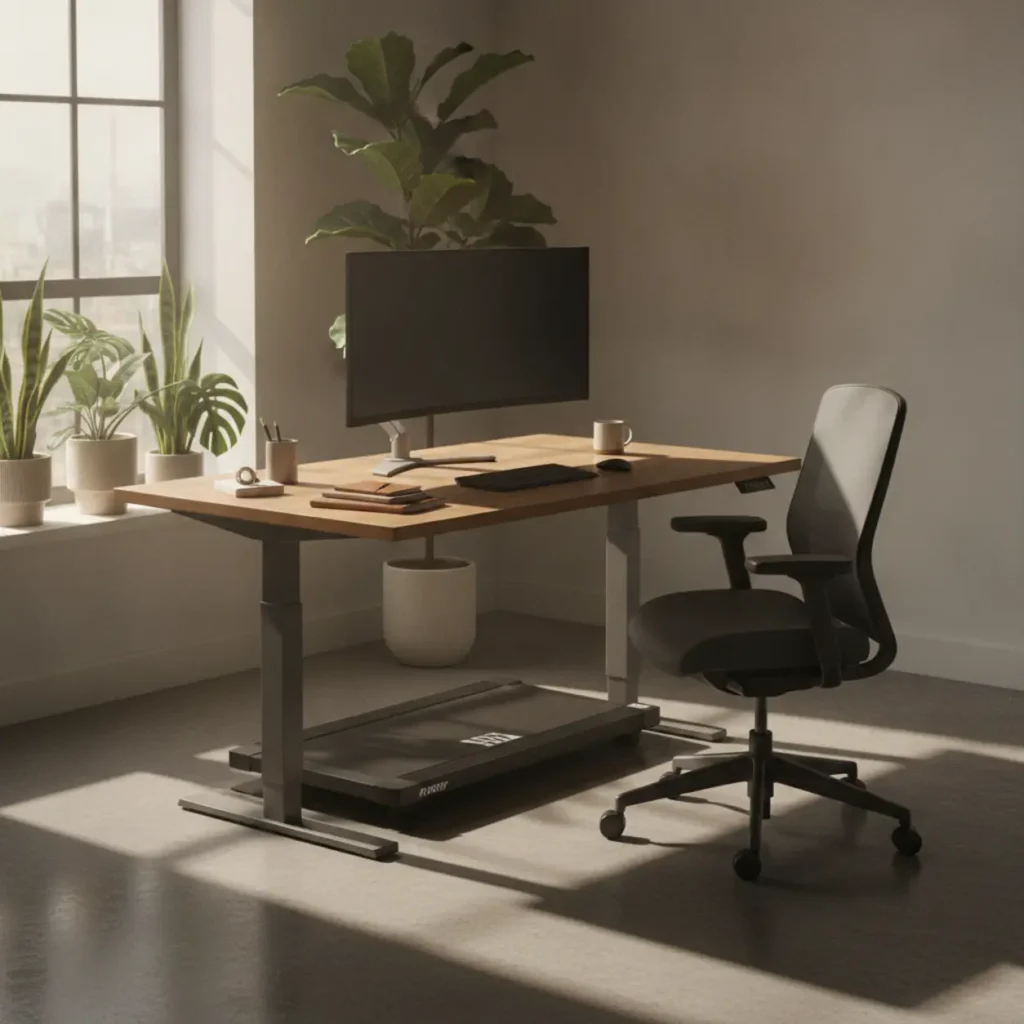 Een moderne ergonomische thuiswerkplek met een elektrisch zit-sta bureau en loopband.