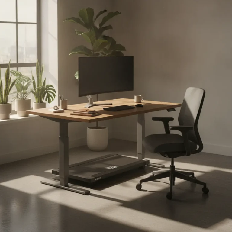Een moderne ergonomische thuiswerkplek met een elektrisch zit-sta bureau en loopband.